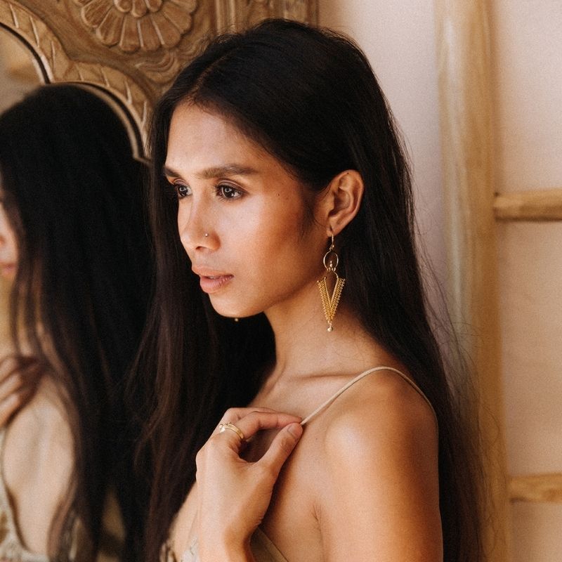 Woman wearing nickel-free brass chain fringe drop earrings and ring by Noir KĀLA.
