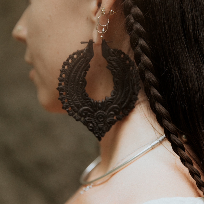 Ava Armor [L] | Black Wood Hoop Earrings
